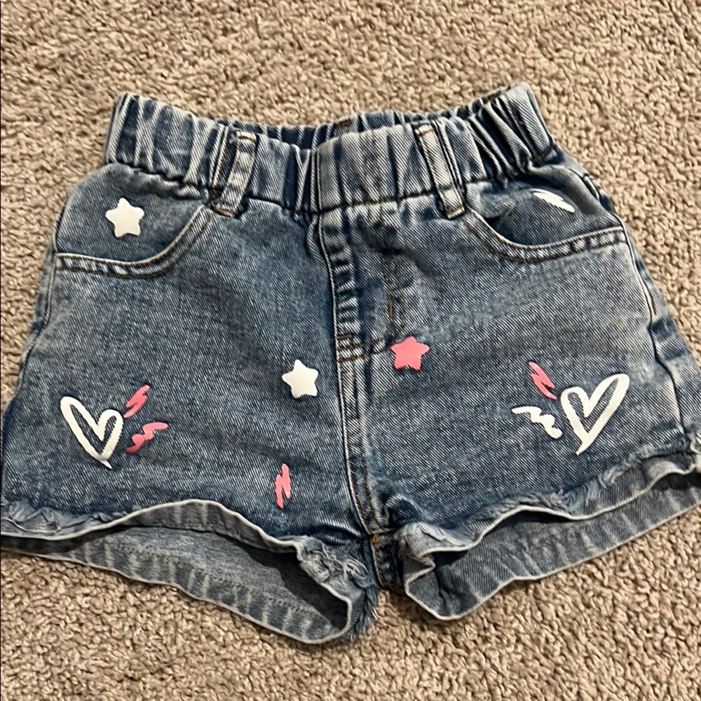 SHEIN Blue and Pink Heart Embroidered Shorts